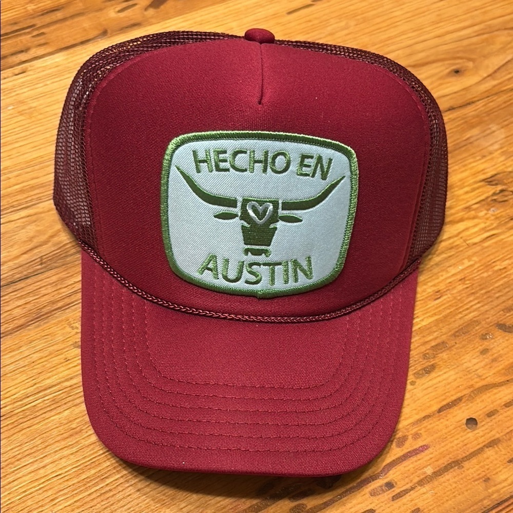 Hecho en Austin Maroon Trucker Hat with Green Patch